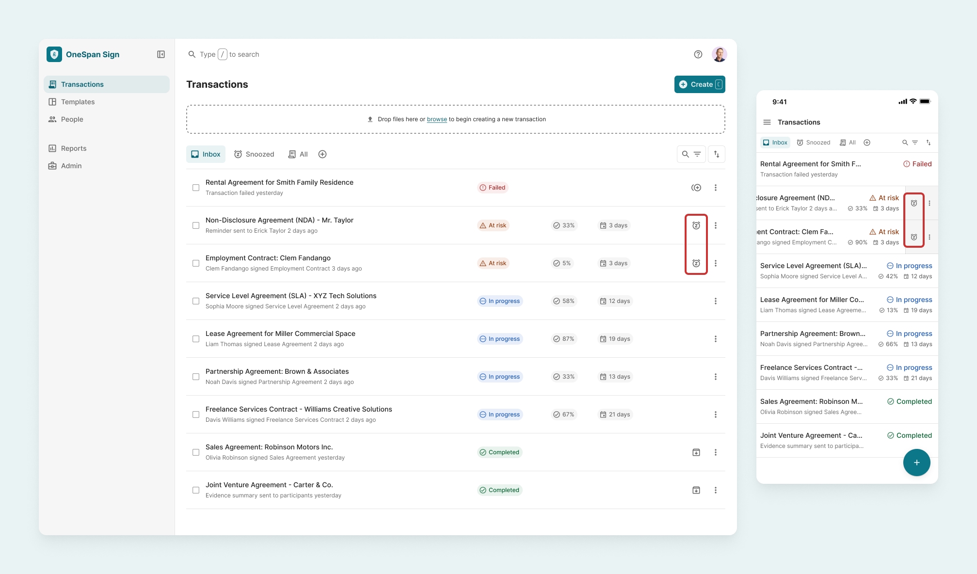 \“Snooze\” options via transactions inbox